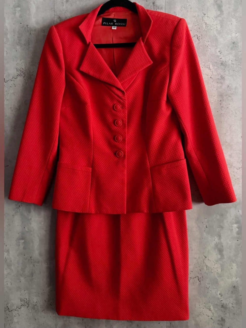 Pilar Rossi Orange Cotton Blend Diamond Textured Button Up Blazer Skirt Size 10